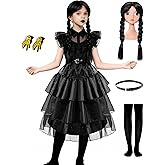 Funna Black Costume Girls Dress for Toddler Halloween Family Cosplay Party with Wig Belts Socks Earrings