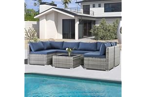 IJIALIFE 7 Pieces Patio Furniture Set, Modular Patio Set Wicker Outdoor Sectional Sofa Set PE Rattan Wicker Patio Conversation Set with Thickened Cushions and Coffee Table,Gray Wicker/Navy Cushion