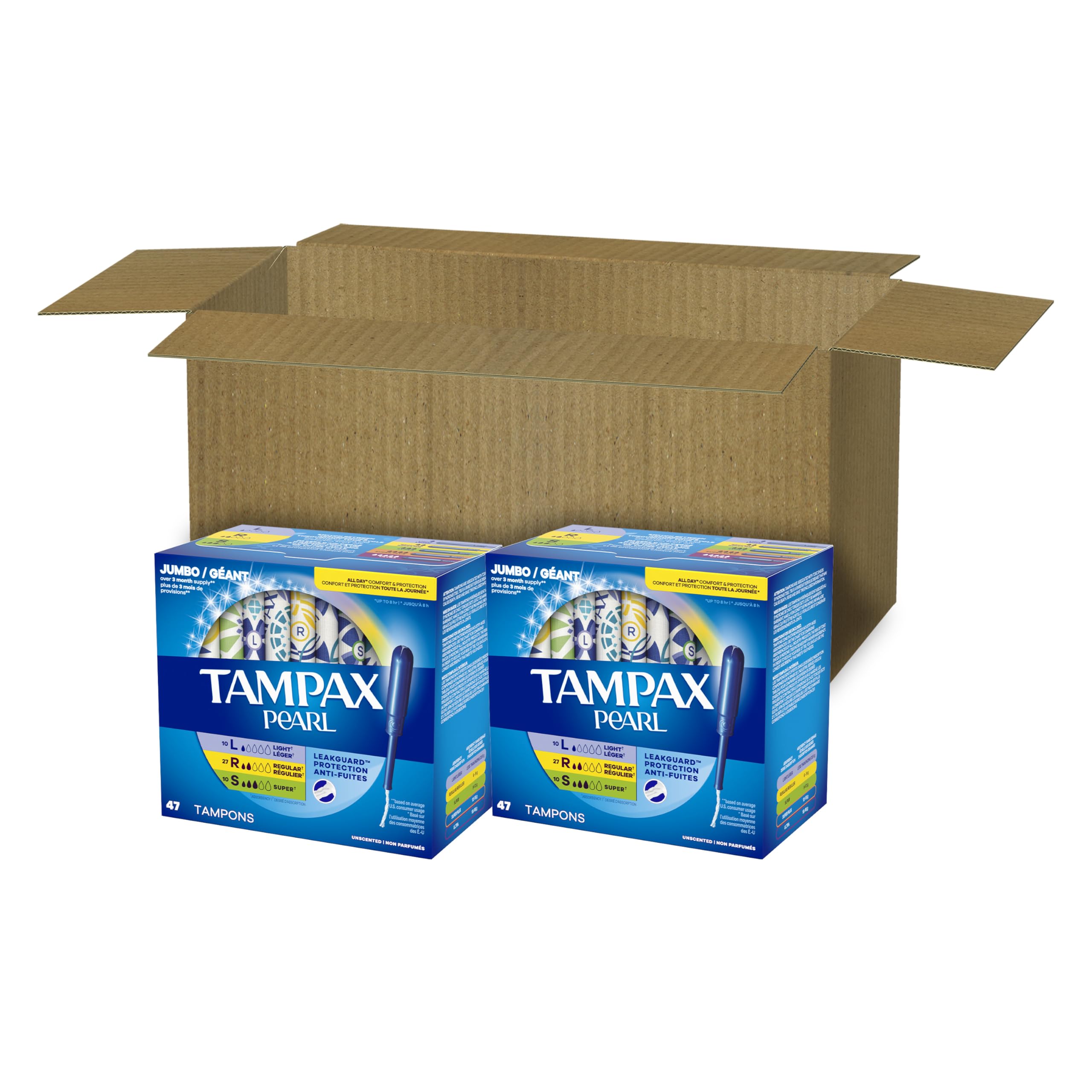 Tampax Pearl Tampons for Women Multipack, with LeakGuard Braid, Light/Regular/Super Absorbency, Unscented, 94 Count (2 Packs of 47)