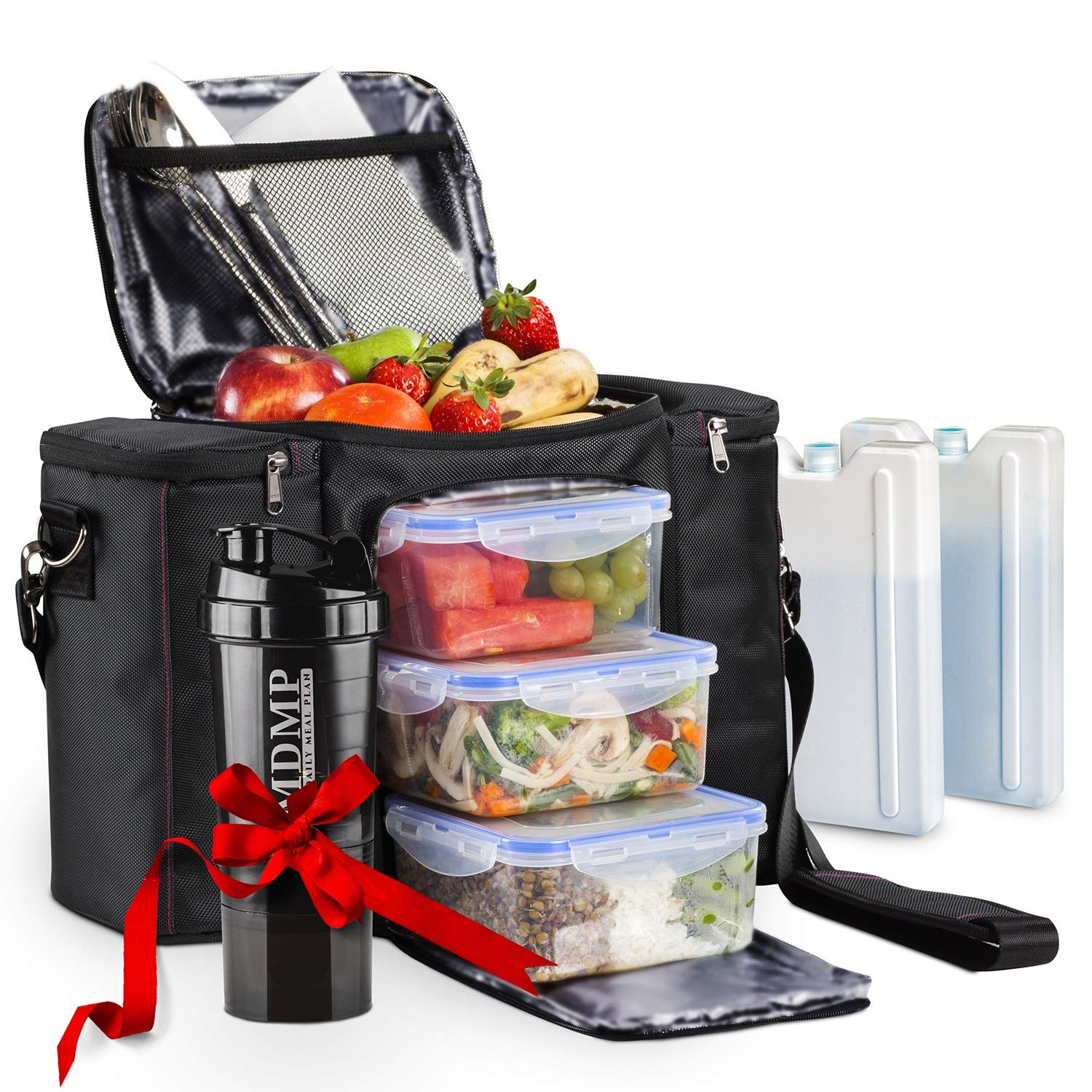 Meal Prep Lunch Bag/Box for Men, Women + 3 Large Food Containers (45 Oz.) + 2 Big Reusable Ice Packs + Shoulder Strap + Shaker with Storage. Insulated Lunchbox Cooler Portion Control Set (Black)
