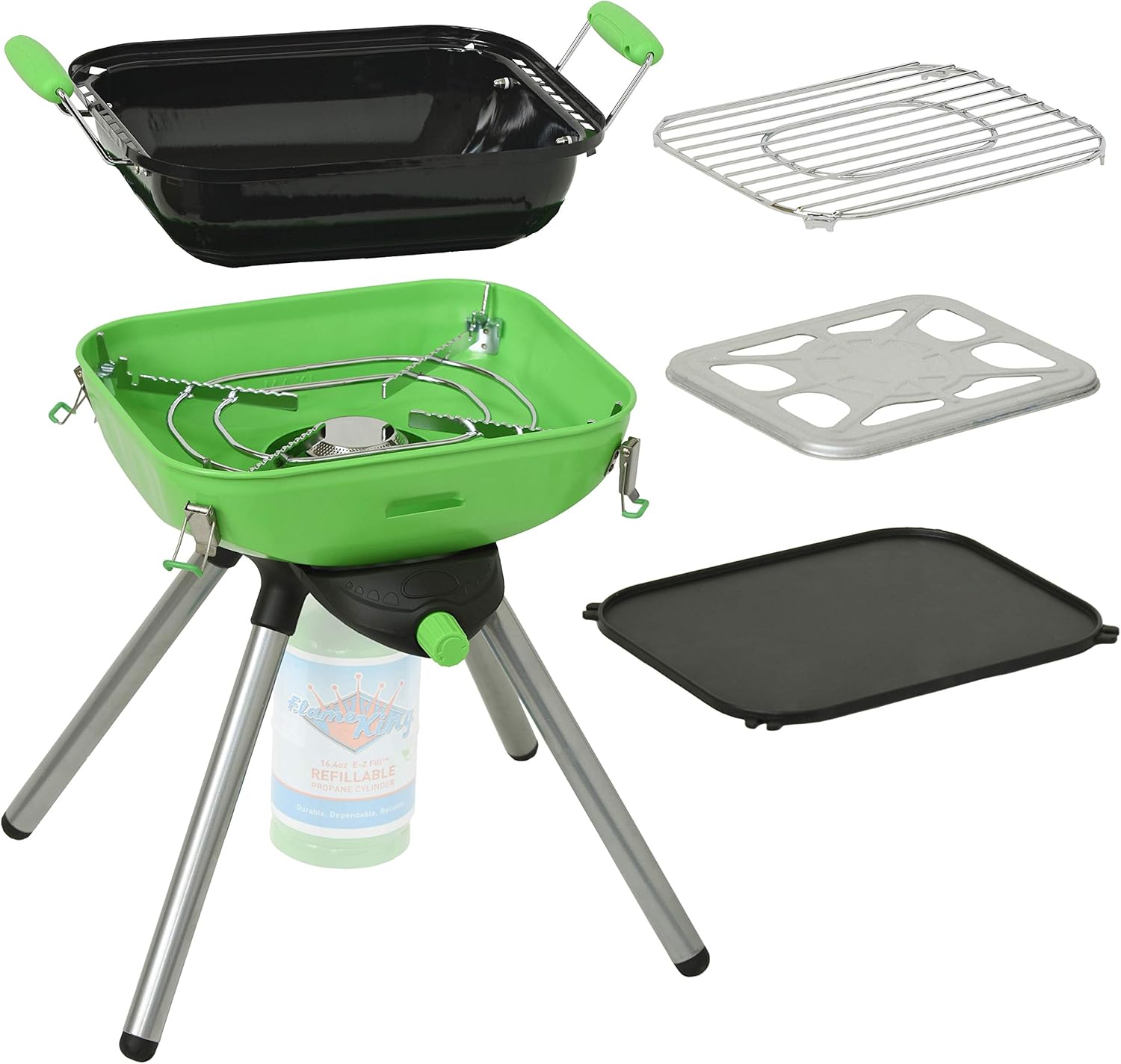 Flame King YSNVT-301 Multi-Function Portable Propane BBQ Grill Camp Stove, Green, 8000 BTU 9.5 x 12 Inch Cooking Surface