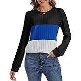 MAXTOOA Womens Sweater Color Block Blouse Shirt Long Sleeve Tunic Tops fall sweaters for women Valentine's Day Gifts