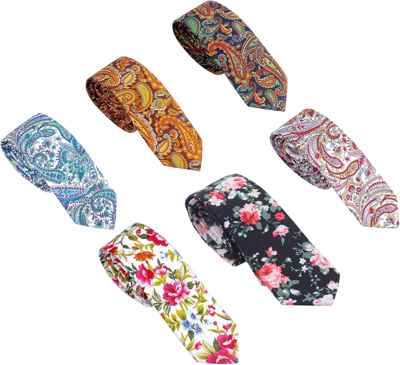 OUMUS Men's Cotton Printed Floral Skinny Tie New Striped Paisley Ties Pack of 6 Necktie for Weddings