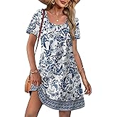 OFEEFAN Summer Dresses for Women 2026 Loose U Neck Short Sleeve Casual Beach Vacation Tshirt Dress Sundresses with Pockets