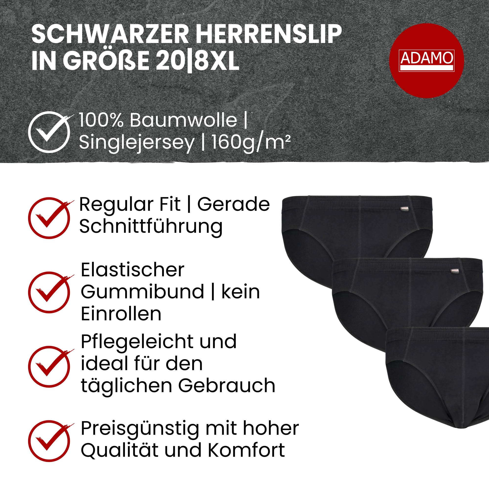 ADAMO Herren-Slips 3er Pack 100% Baumwolle, Schwarz, Größe 14 I Angenehme Herren Unterhosen in Übergröße I Waschmaschinentauglicher Herren Slip 5