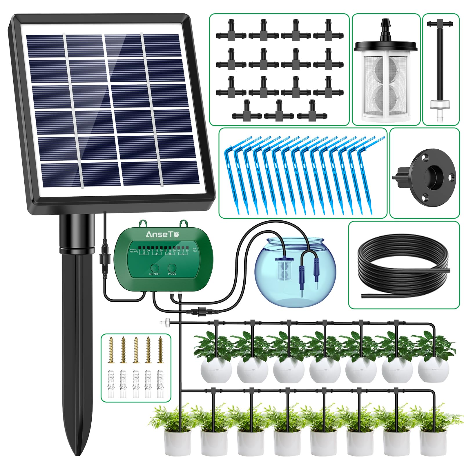 AnseTo Solar Irrigation System,Solar Drip Irrigation Kit with 15 Drippers,Solar Watering System DIY Automatic Watering System for Garden,Plant,Greenhouse,Terrace,Eco-Friendly and Energy-Saving