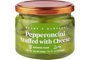 Heart and Harvest Hot Pepperoncini Stuffed Peppers with Cheese - Crisp Mediterranean Pepperoncini - Authentic Greek - Gluten 