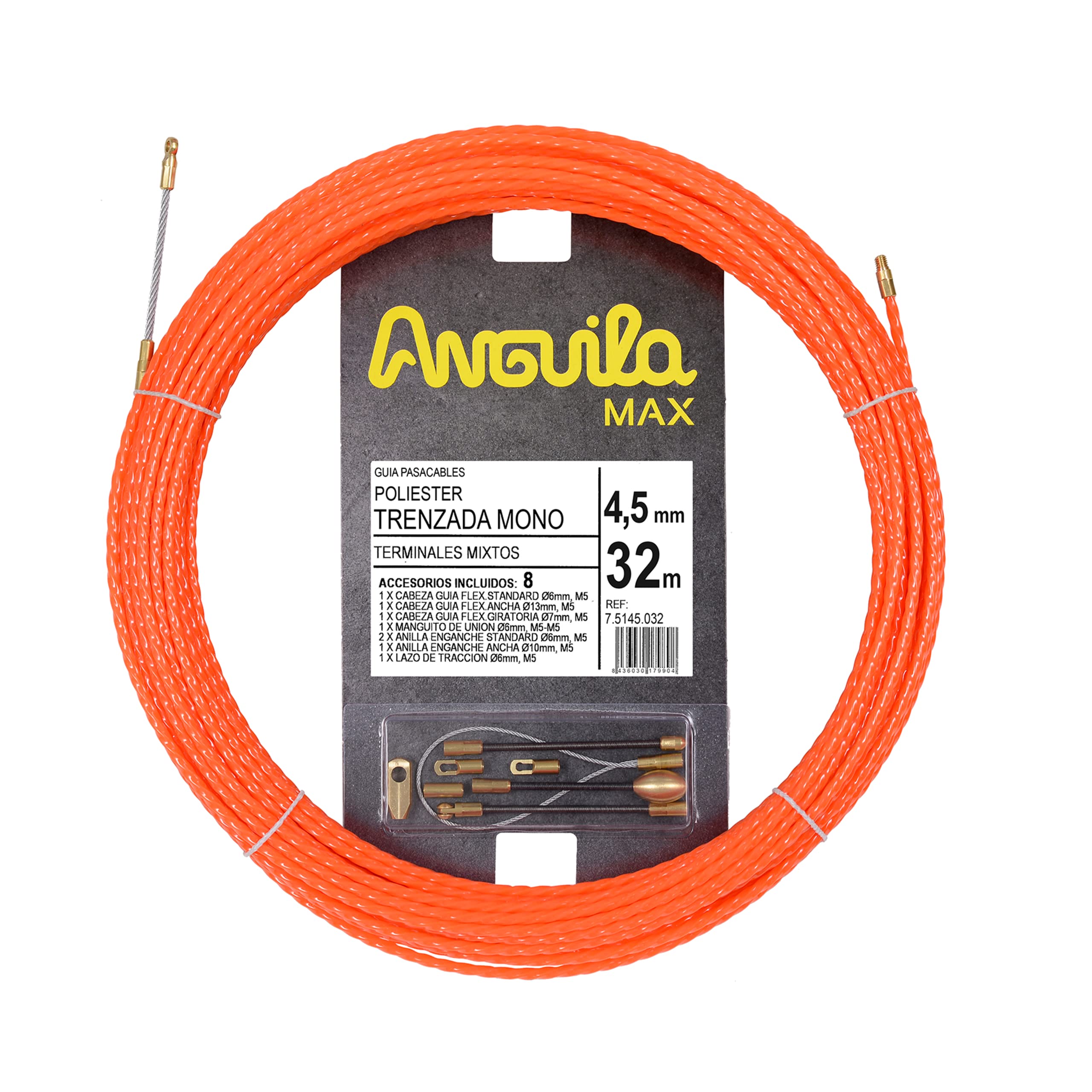 ANGUILA MAX 7.5145.032 Special Straight Cable Guide Braided Polyester Monofilament 4.5 mm 32 m and Mixed Terminals, Orange