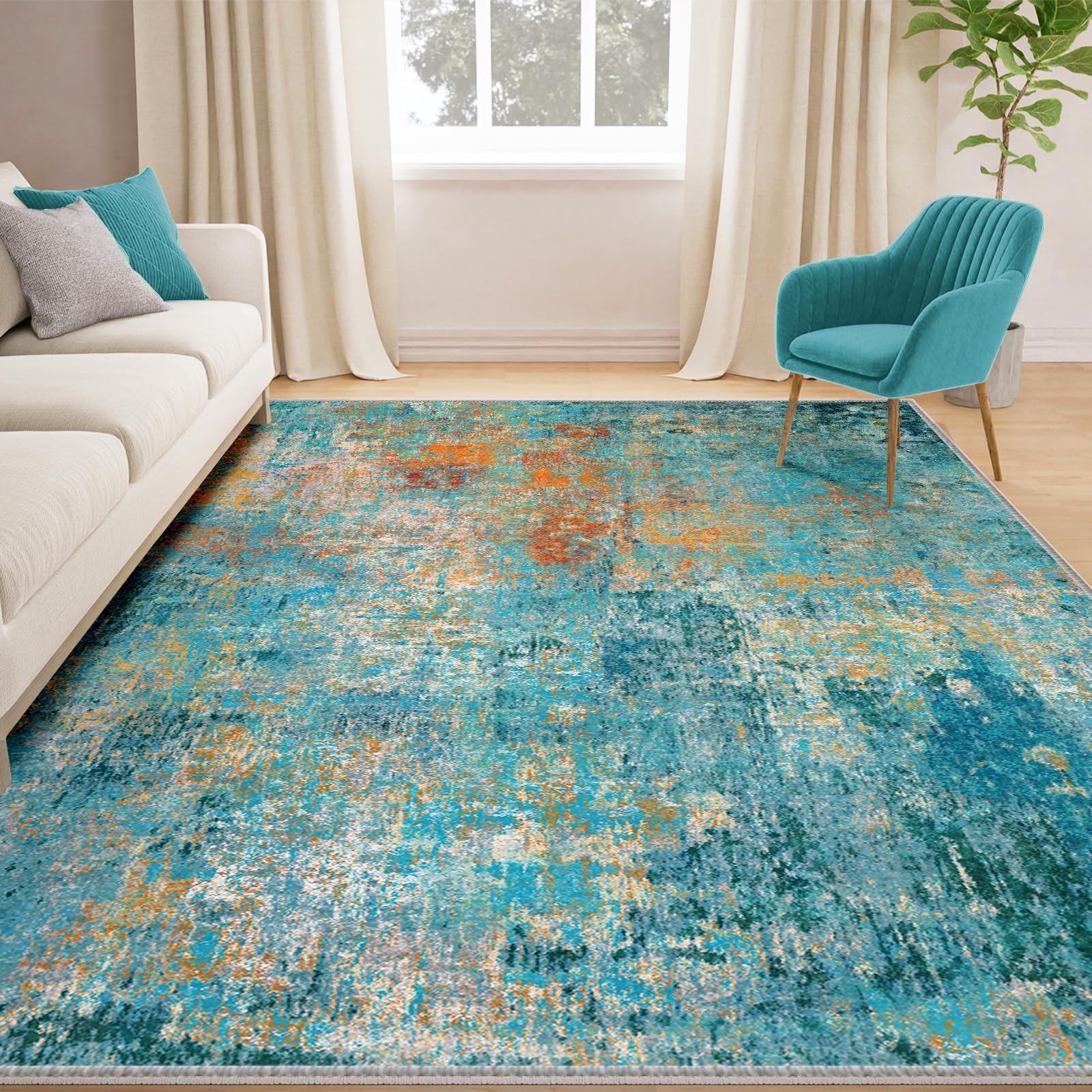 Photo 1 of RELEANY Washable Area Rugs 5'x7' Non-Slip Modern Abstract Soft for Living Room Entryway Bedroom Nursery, Print Pattern, Teal Blue Green Orange Rust Red Colorful