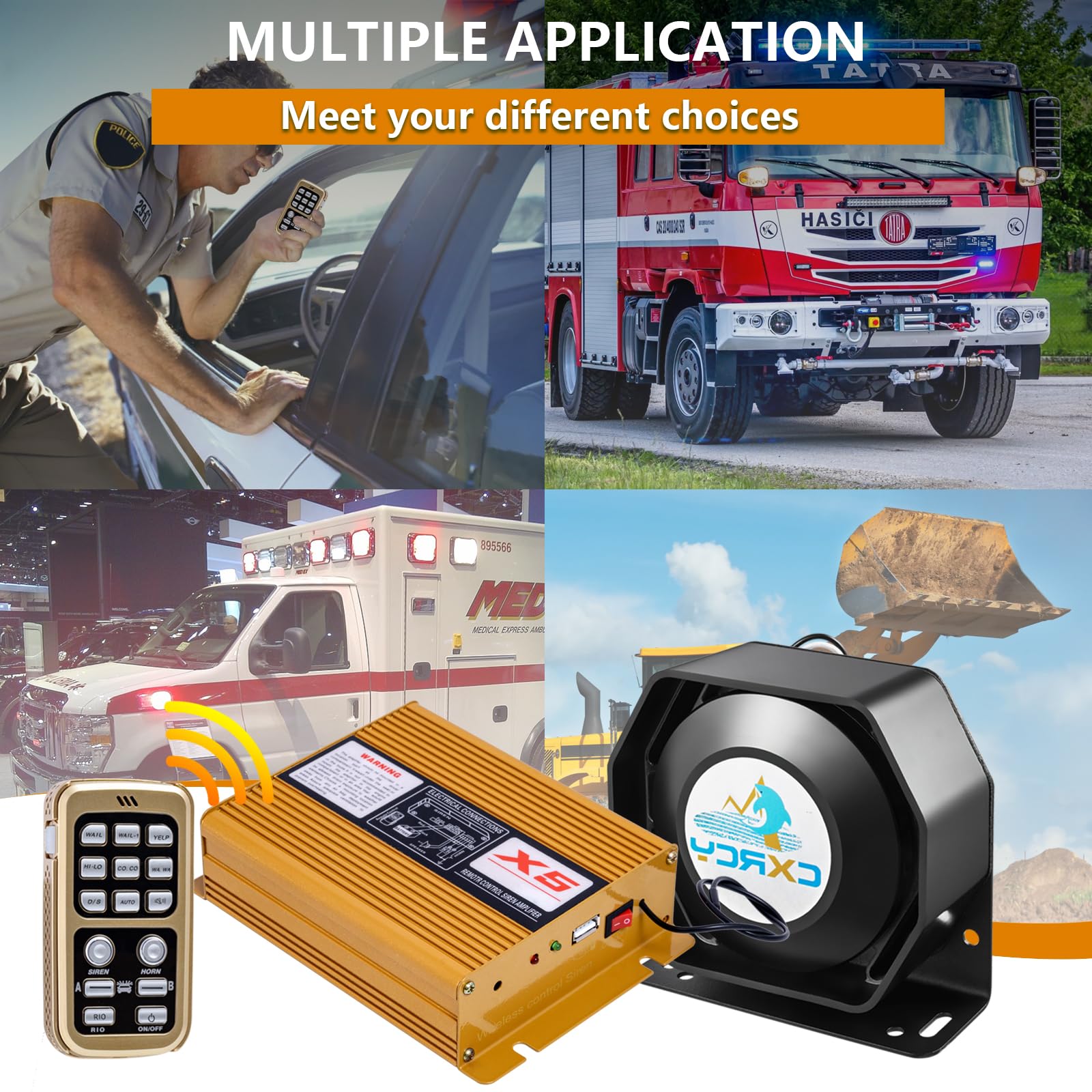 12V 100W Police Siren PA System Kit [18 Tones] [120-130dB][Wireless Mic PA System] CXRCY Emergency Warning Siren for Vehicles Tow Truck UTV ATV Van Car POV RV
