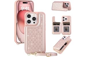 KYFSJPT Crossbody Wallet Case for iPhone 16 Pro(6.3") with Detachable Strap - PU Leather Flip Folio with Card Slots & RFID Blocking, Sparkling Diamond Accents-Pink