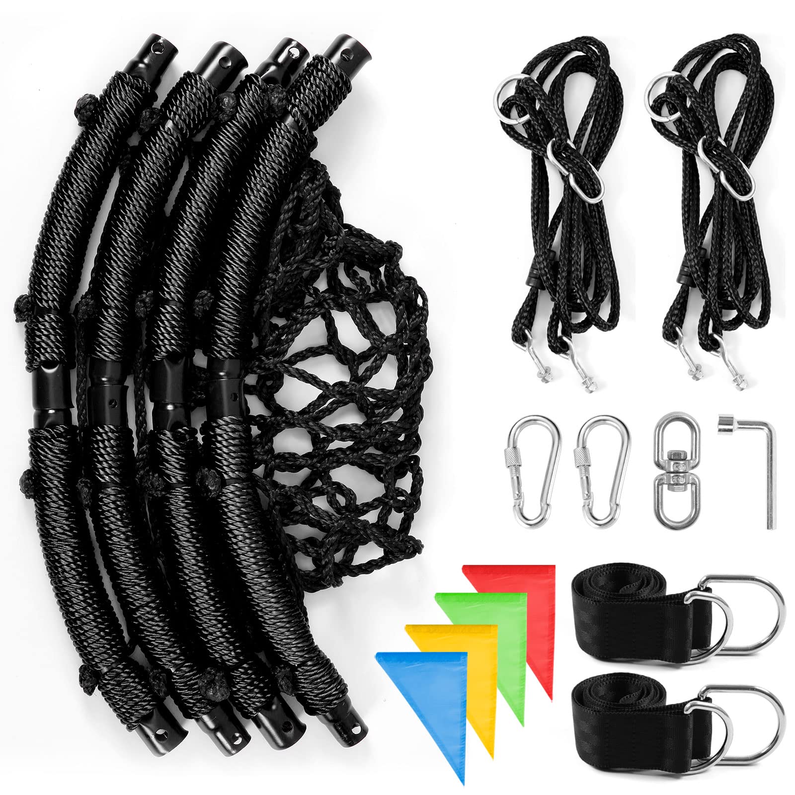 Odoland Spider Web Tree Swing for Kids and Adult, Outdoor Saucer Net Round Swing with Steel Frame and 2 Hanging Straps and Turnbuckle - 43in Large Platform for Backyard Park Travel