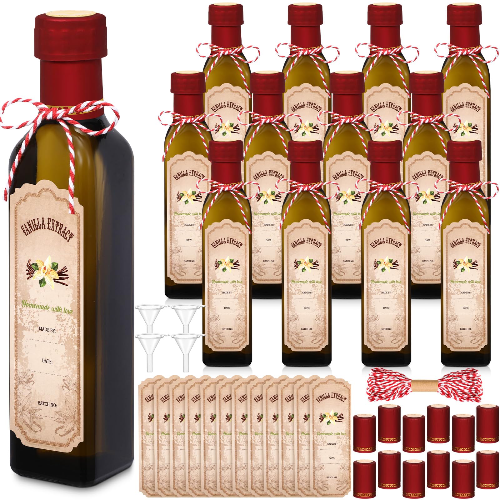 Photo 1 of Tioncy 12 Pcs 8.5 oz Vanilla Extract Bottles for Homemade Vanilla Jar Amber Glass Square Bottle with Cap Shrink Band Sticker Syrup Food Storage Canister for Liquid Bean Sauce Spice Gift Giving(Red)