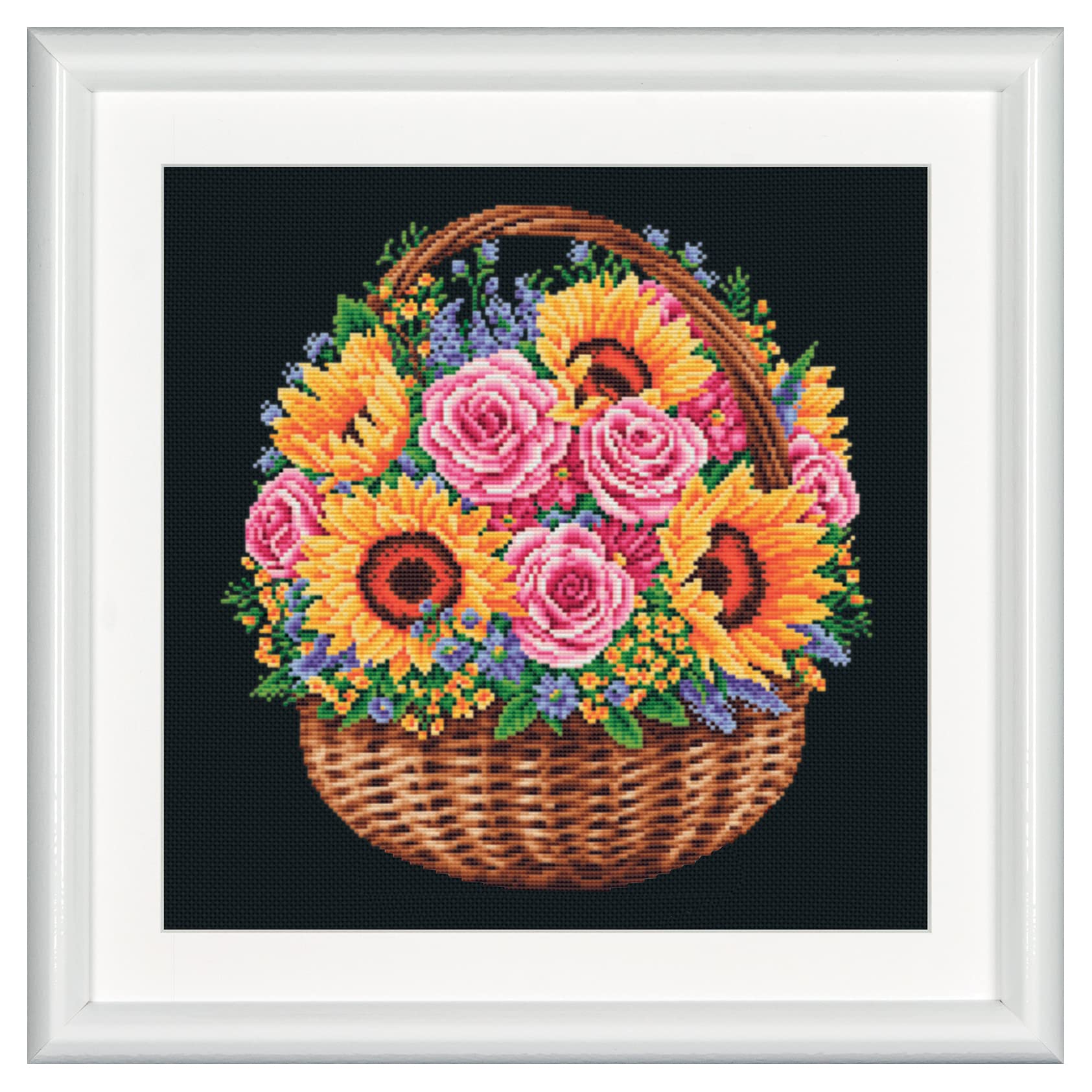 Dutch Stitch Brothers - Counted Cross Stitch Kit - DSB016 - Flower Basket - Black Aida - 12,6 x 12,6 Inch - DIY for Adults, Yellow,Blue