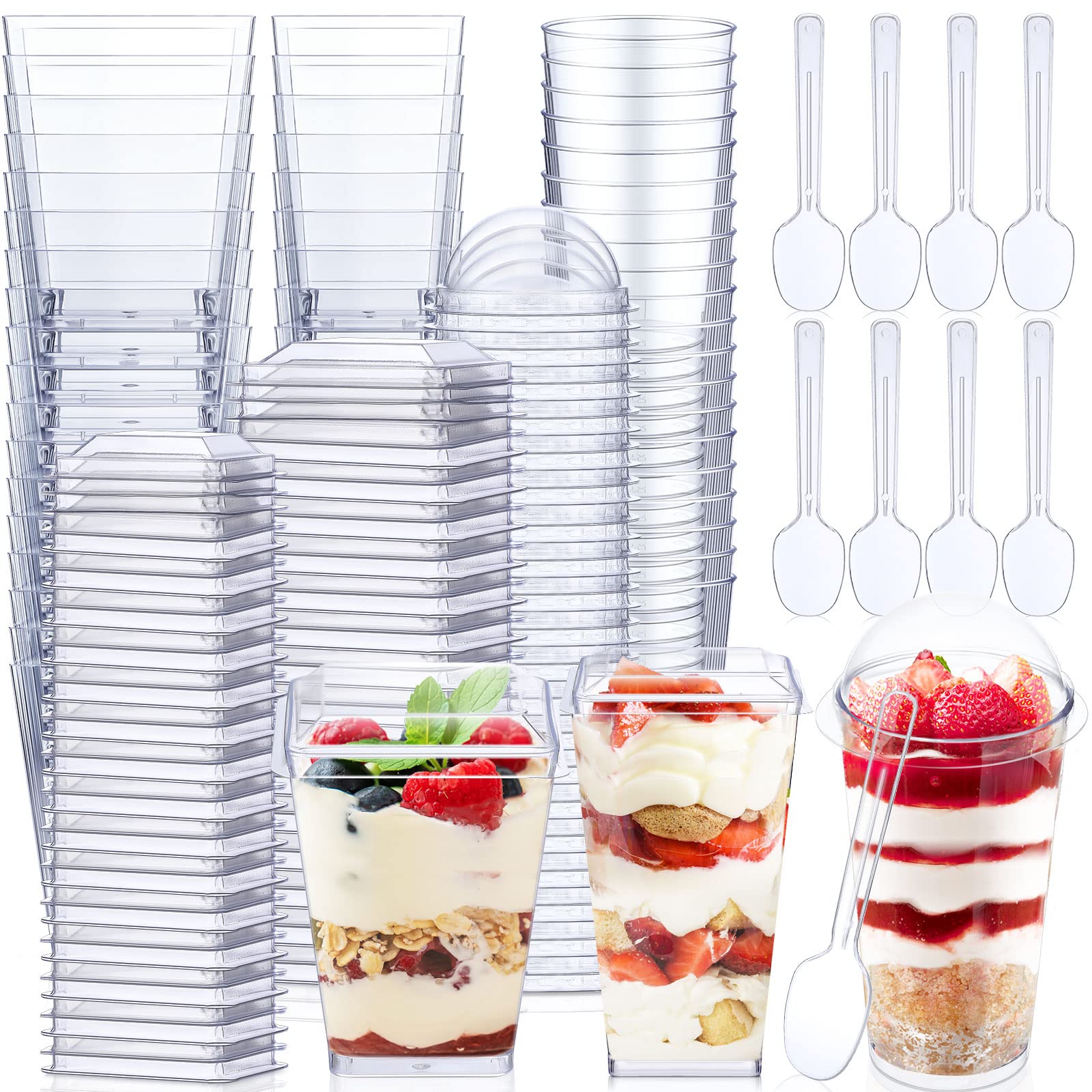 Photo 1 of Jerify 150 Pack Plastic Dessert Cups with Lids and Spoons 3 oz Mini Dessert Cups with Spoons 5.4 oz Square Clear Dessert Shooter Cups Parfait Appetizer Cups Disposable Small Mousse Container for Party
