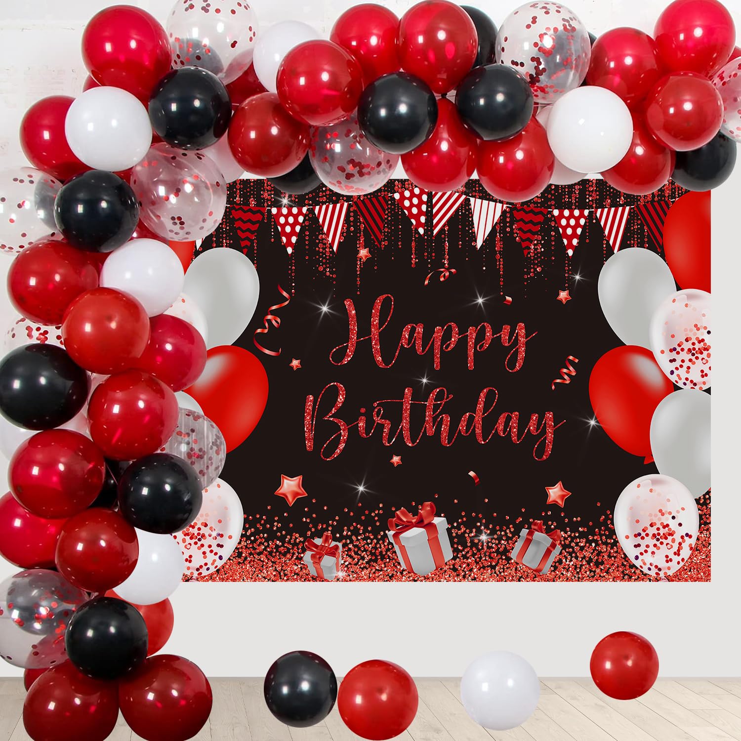 Photo 1 of ******SIMILAR***** Red and Black Birthday Party Decorations for Men Women 55Pcs Glitter Red and Black Balloon Arch Garland Kit with 5x3FT Happy Birthday Backdrop Banner Confetti Balloons Set