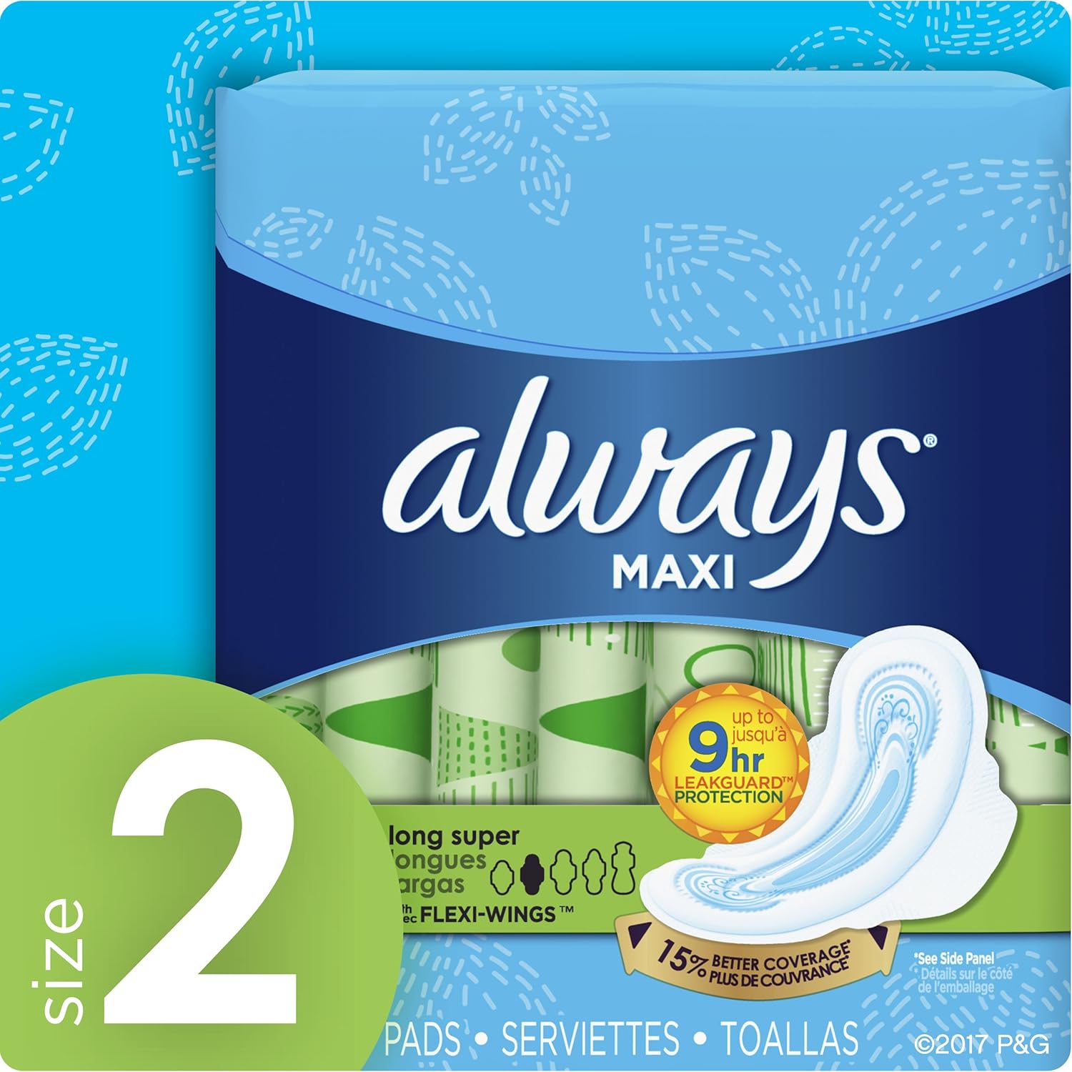 Always Maxi Feminine Pads with Wings for Women, Size 2, Long Super Absorbency, Unscented, 60 Count - Pack of 3 (180 Count Total): Health & Personal Care