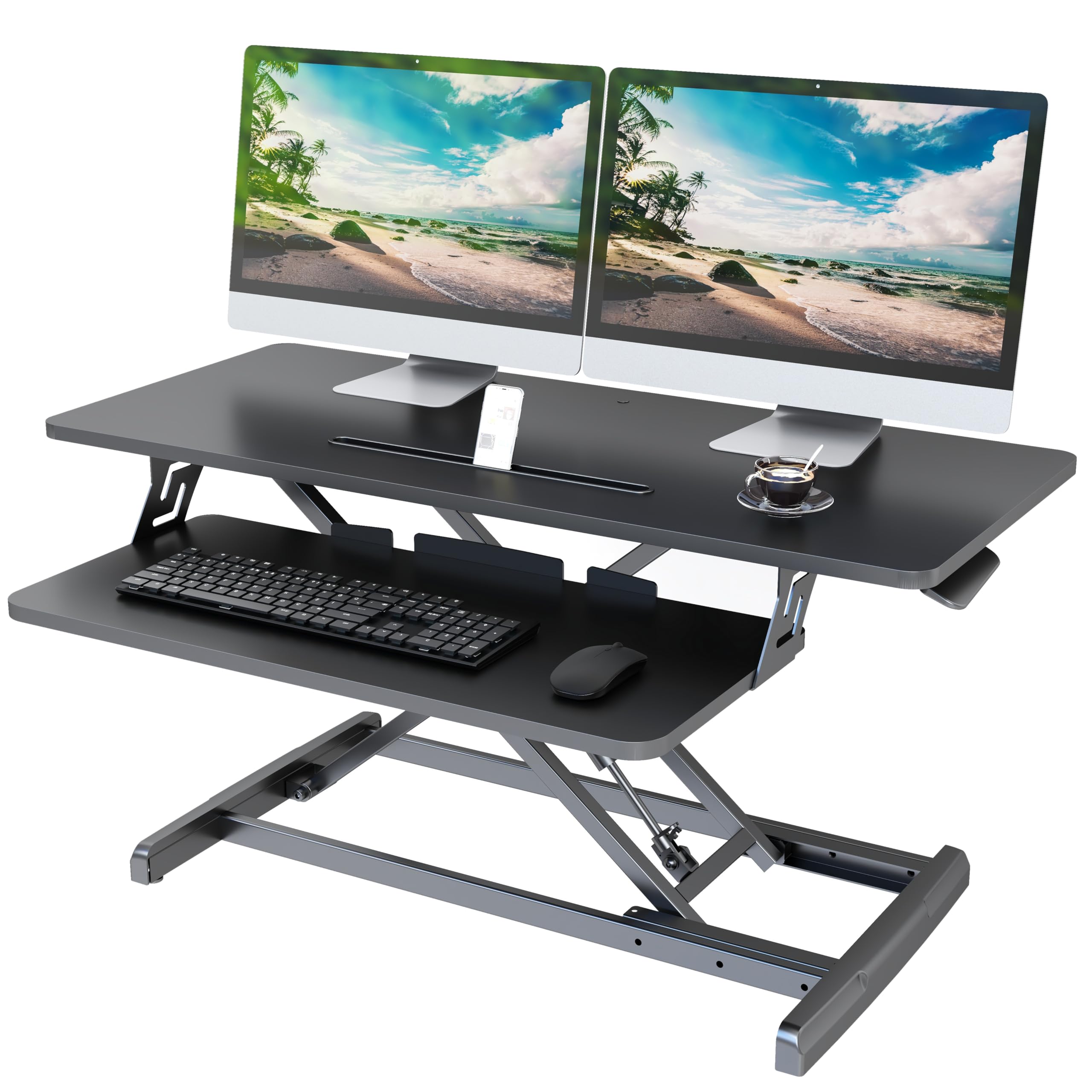 Lubvlook Standing Desk Converter, 36"/91.5cm Wide Height Adjustable Sit Stand Desk Riser for Dual Monitors with Keyboard Tray, Black