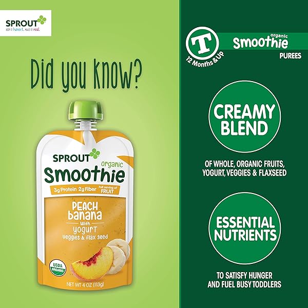SPROUT ORGANIC TODDLER SMOOTHIE, PEACH BANANA W/ YOGURT, 4 OUNCE POUCH (PACK OF 6)