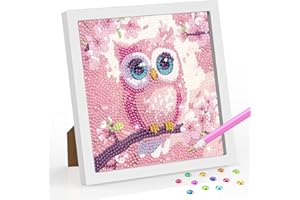 SENQAO Owl Diamond Art Kits for Kids with Frame, Pink Flower Diamond Painting for Kids Ages 4-6-8-12, Easy Kids Gem Art Kit w