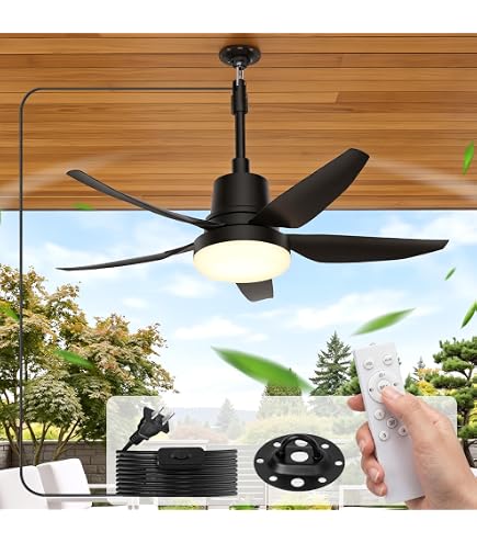 LANMEL 36 Inch Plug-In Outdoor Ceiling Fan With Light & Remote – IP65 Waterproof Hanging Fan With Hook, 6 Speeds, Reversible, 3CCT Dimmable LED, Portable For Patio, Gazebo, Canopy, RV (Black)