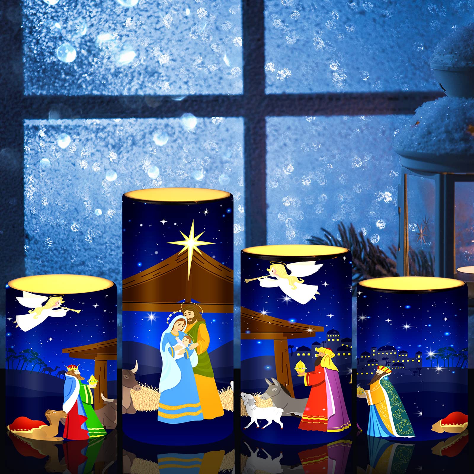 Photo 1 of Tiamon Christmas Nativity Scene Candles LED Religious Theme Flameless Candles Battery Operated LED Warm Light Flickering Pillar for Xmas Holiday Table Decorations(Vivid)