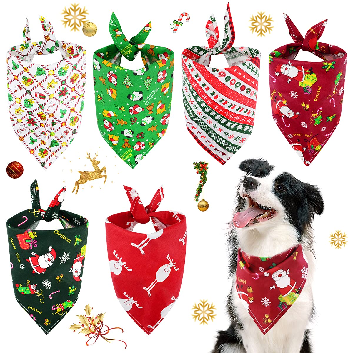 6 Pcs Christmas Dog Bandana, 25.2x17in XMas Pet Triangle Scarf Washable and Adjustable XMas Dog Kerchief Set Triangle Bibs Santa Scarves Gift Dog Costume Accessories for Most Dog Puppy Cats Pets