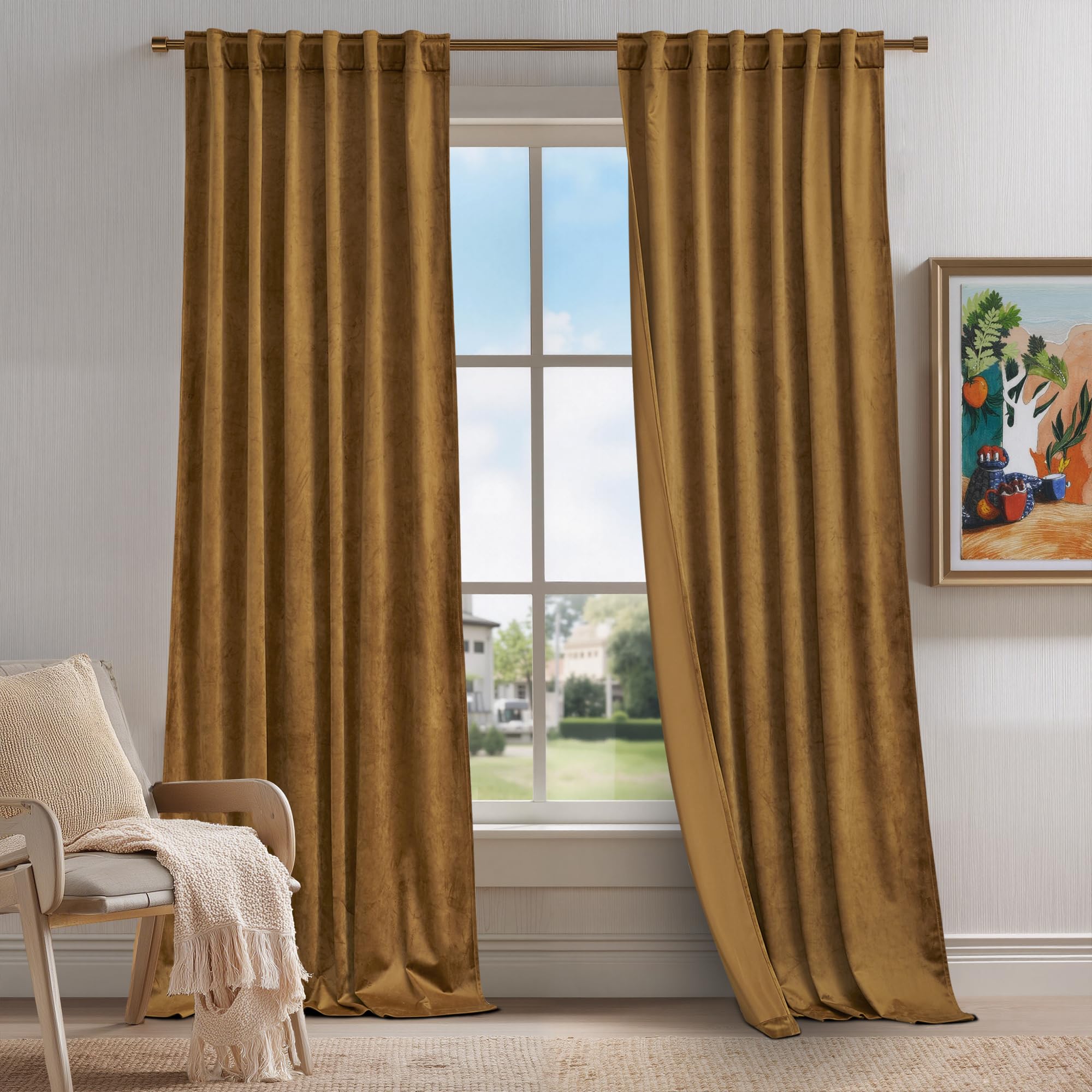 KGORGE Gold Brown Velvet Curtains 102 inches 2 Panels, Velvet Blackout Curtains for Bedroom Living Room, Soft Darkening Thermal Insulating Window Drapes, Back Tab Rod Pocket, W 52 x L 102 Image