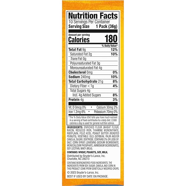 LANCE SANDWICH CRACKERS, TOASTY PEANUT BUTTER, 10 INDIVIDUALLY WRAPPED PACKS, 6 SANDWICHES EACH