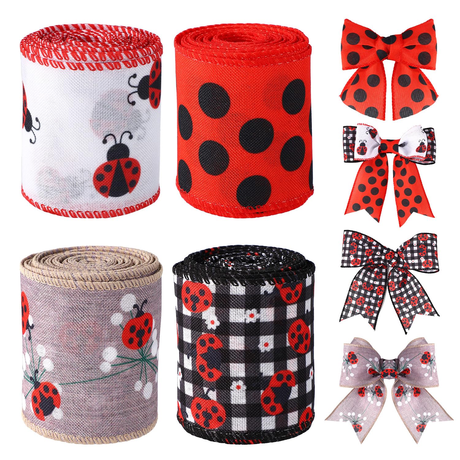 Tinoaly 4 Rolls Ladybug Ribbon, 20 Yards Double Sided Red Black and White Polka Dot Wired Ribbon for Gift Wrapping DIY Crafts Wreath Bow Making Sewing Floral Arrangements Home Party Decorations
