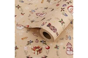 RayofSun Kraft Christmas Wrapping Paper Roll 17 in x 32 ft, Vintage Santa Claus, Snowmen, Nutcrackers Holly Wreath Gift Wrapping Paper Rolls, Holiday Kids Gift Wrap Paper for Xmas Party