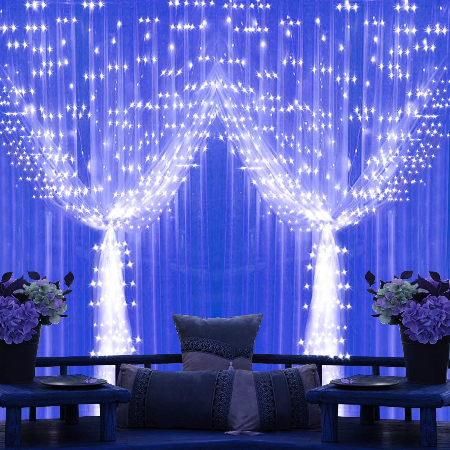 24HOCL 300 LED Window Curtain String Light USB Powered, 4 Music Control 8 Lighting Modes Waterproof Decorative Lights for Wedding Party Home Garden Bedroom Outdoor Indoor Wall Decorations, Cold White