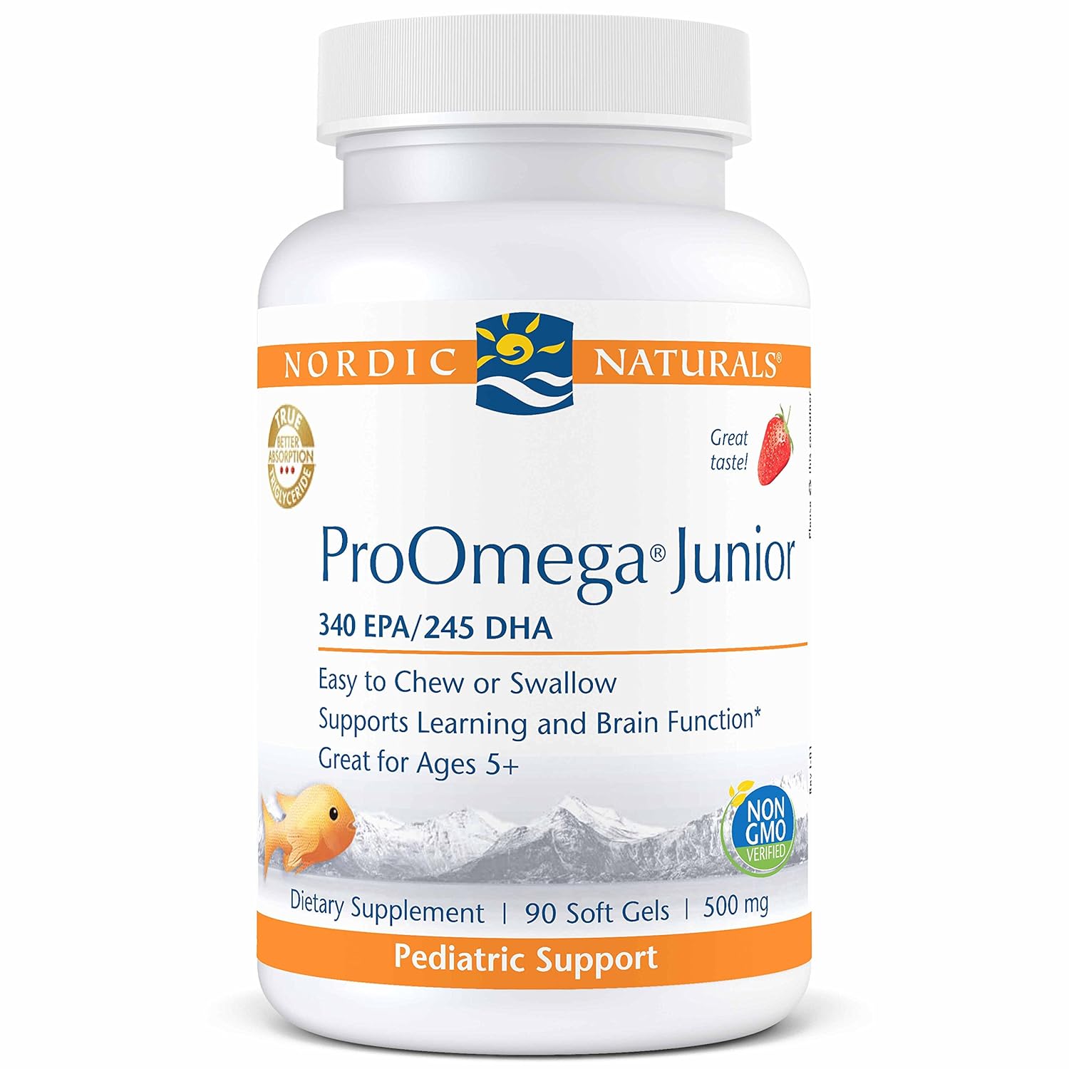 Nordic Naturals ProOmega Junior - Fish Oil, 340 mg EPA, 245 mg DHA, Support for Healthy Neurological, Nervous System, Eye, and Immune System Development*, Strawberry Flavor, 90 Soft Gels