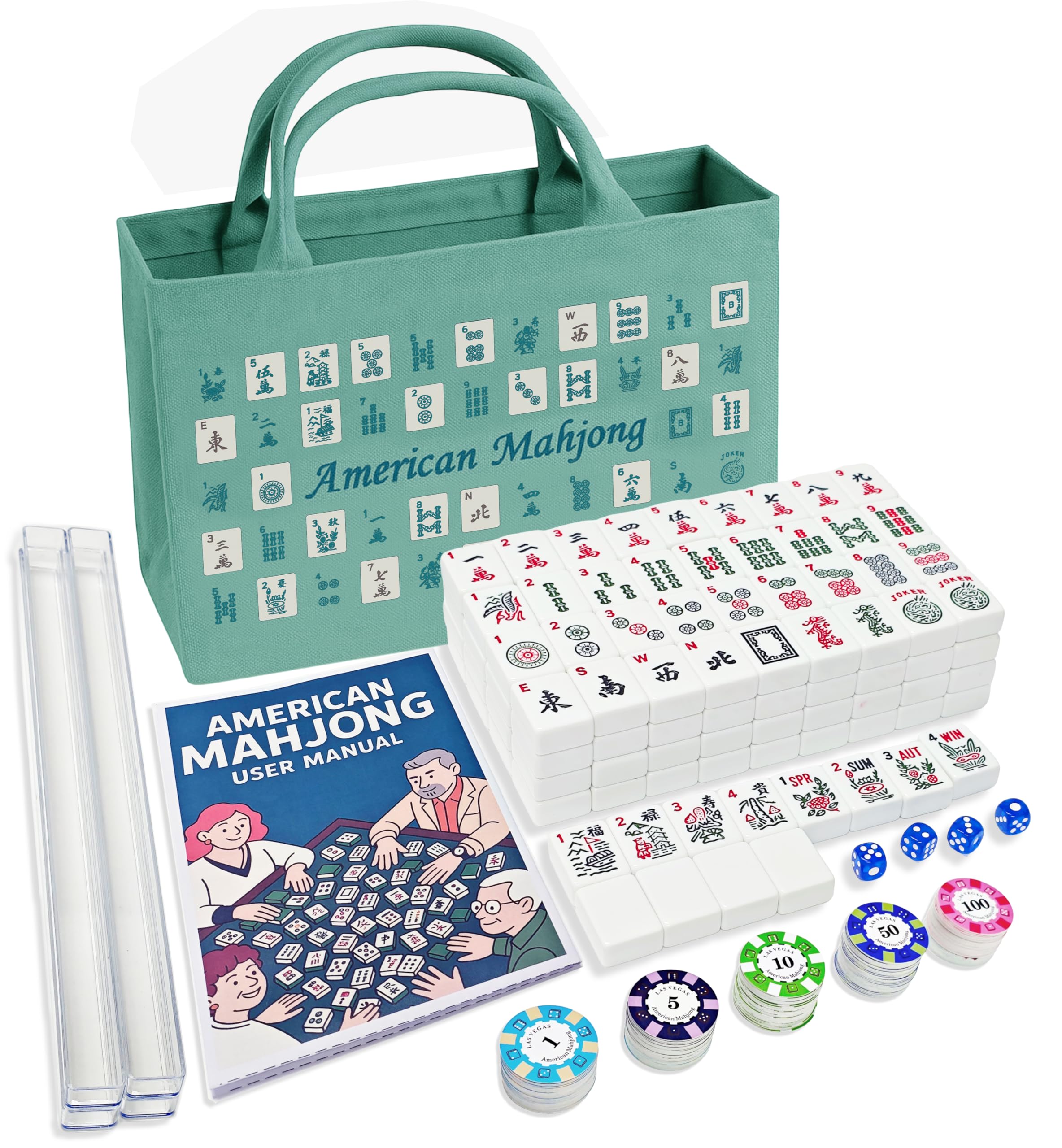 Photo 1 of American Mahjong Tile Set – Complete 166 Tiles with Deluxe Accessories, 4 Racks, 100 Colorful Chips, Instruction Book & 1+3 Mahjong-Themed Storage Bags, Portable Mahjong Set for Family Fun & Holidays