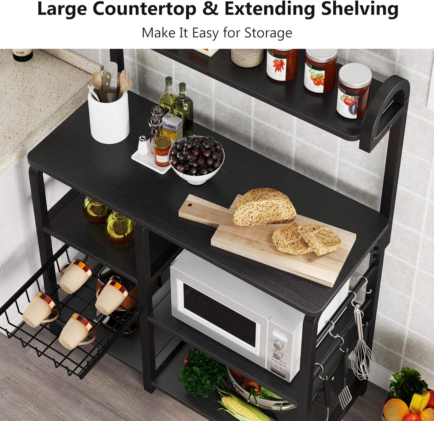 Tribesigns 35.5 inches Kitchen Baker’s Rack Microwave Oven Stand, Industrial Kitchen Cart Utility Storage Shelf Organizer Coffee Bar with Wire Basket and 6 Hooks (Black) - Standing Baker's Racks