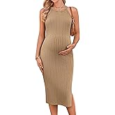 Ekouaer Maternity Dress Rib Knit Side Slit Stretchy Bodycon Pregnancy Dresses Halter Neck Sleeveless Pregnant Clothes