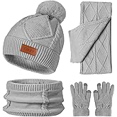 4 Pieces Winter Hat Scarf Glove Set for Women,Fleece Lined Beanie with Pom Pom,Touchscreen Gloves Knit Scarf for Cold Weather