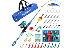 PLUSINNO Kids Fishing Pole with Spincast Reel Telescopic Fishing Rod Combo Full Kits for Boys, Girls, and Adults