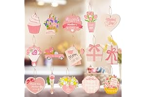 Mother's Day Pink Wood Ornaments - Haooryx 46Pcs Best Mom Ever Wood Hanging Decoration Rustic Heat Flower Cupcake Pendant Slices Tags Mom Birthday Party Favor Supplies Home Decor