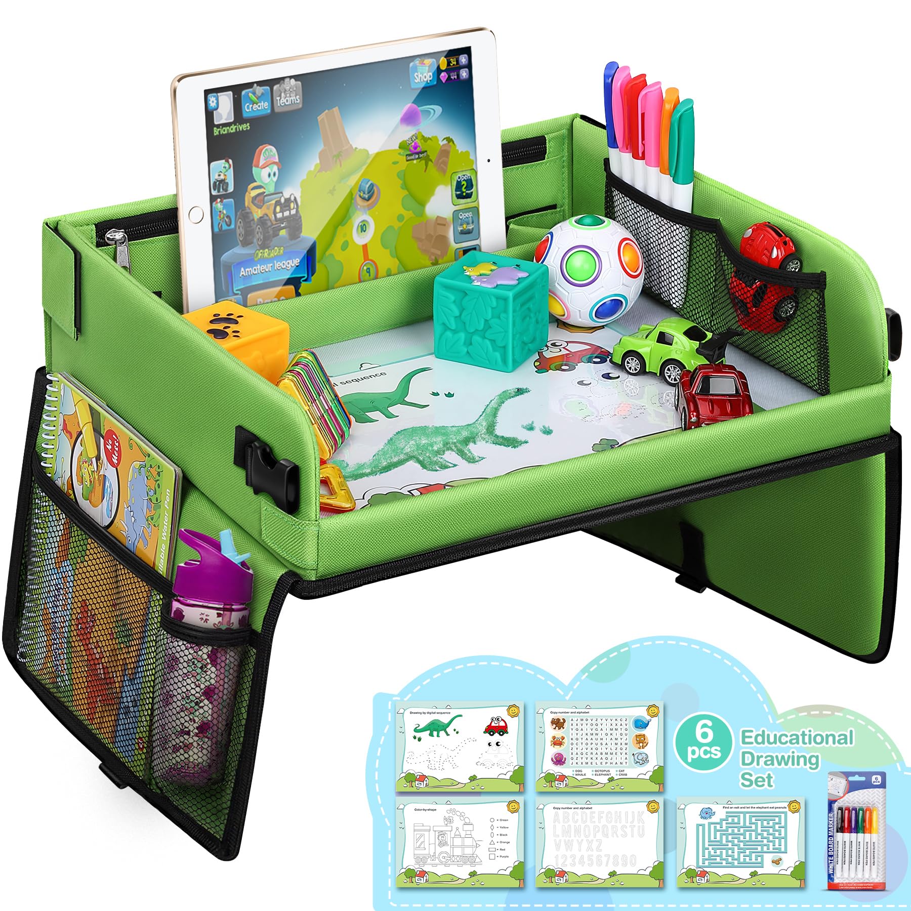lenbest Kids Travel Tray - Travel Tray for Kids in Car - Car Seat Tray for Kids Travel - Multifunctional Tray with Transparent Erasable Surface & Large Storage Space - Travel Games for Kids