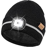 Etsfmoa Reflective Stripe Hat with Light,Fleece Lined Beanie for Men and Women,Type-c Rechargeable High Visibility LED Cap