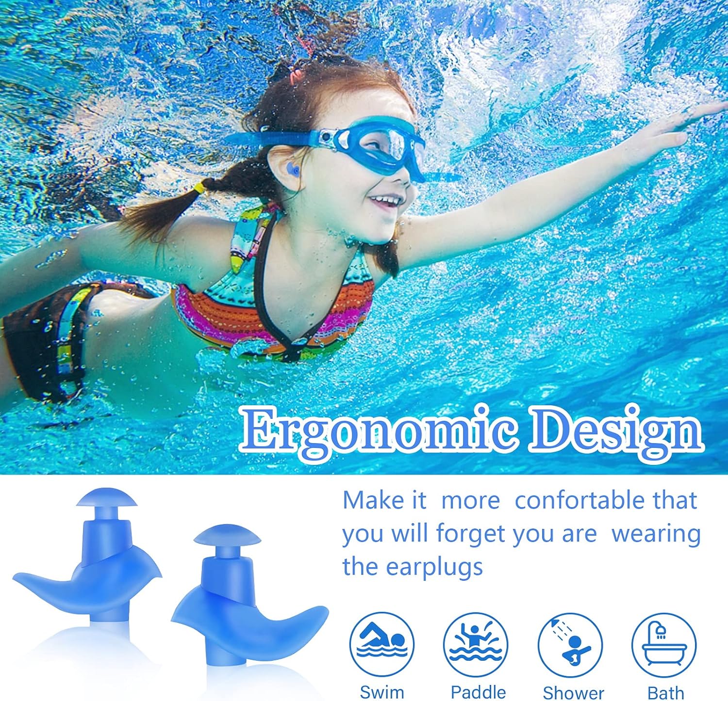 Swimming Ear Plugs, 4 Pairs Reusable Silicone Swimming Ear Plugs for Swimming Showering Bathing Surfing Snorkeling and Other Water Sports, Suitable for Adults and Kids: Health & Personal Care