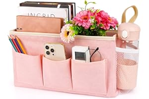 Lilithye Bedside Organizer with Fixed Straps and Water Bottle Holder for Home, College, Dorm, Bunk, Hospital, Crib, Bed Rails - Pink