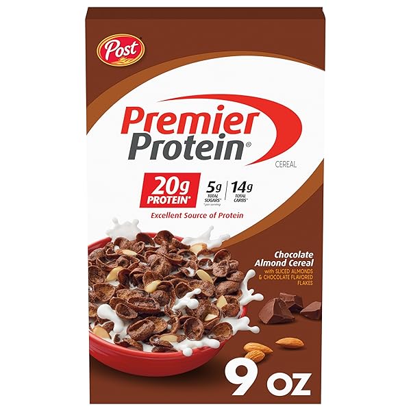 PREMIER PROTEIN CHOCOLATE ALMOND CEREAL, CHOCOLATEY PROTEIN BREAKFAST CEREAL FLAKES WITH SLICED ALMONDS, CONTAINS 20G OF PROTEIN PER SERVING, 9 OZ BOX