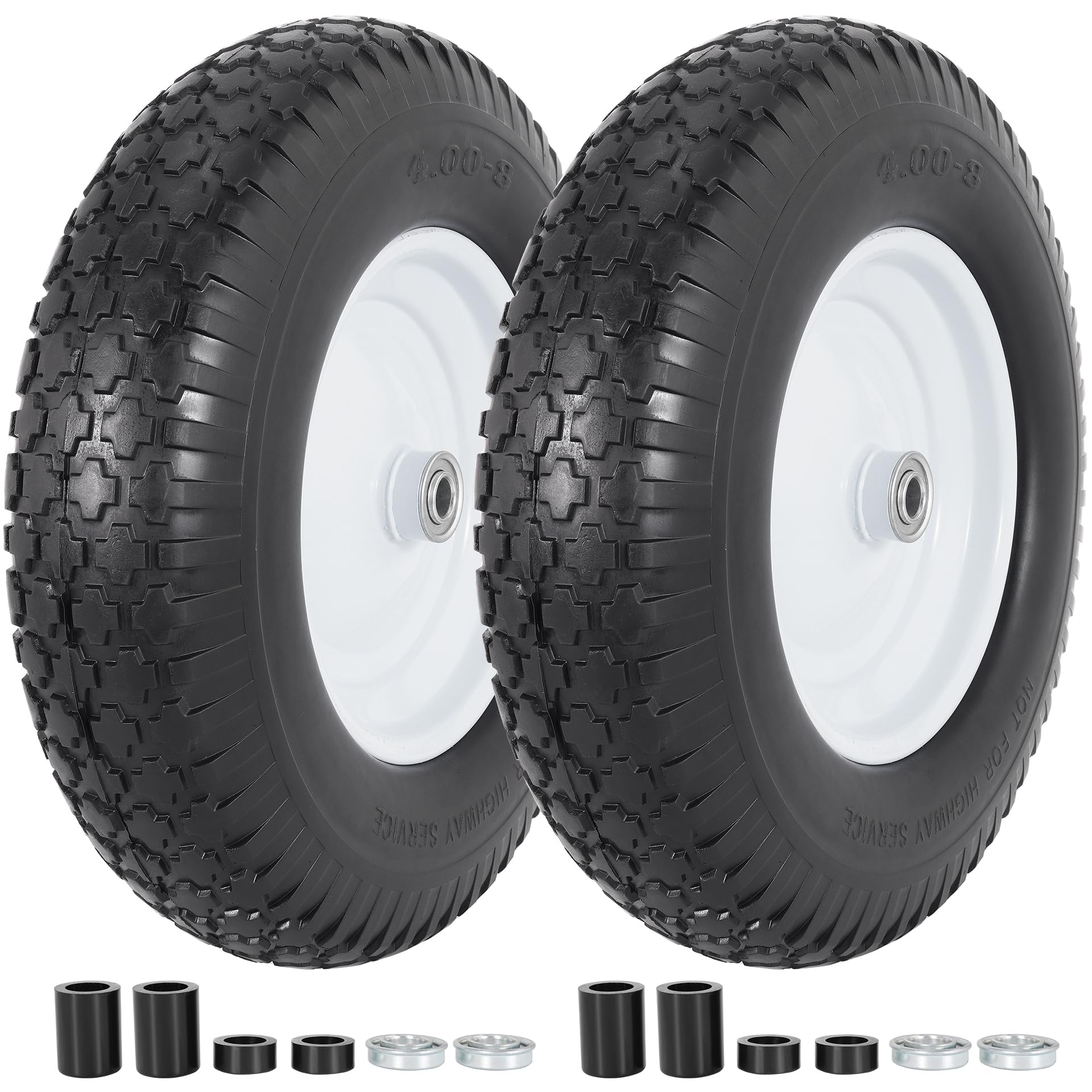 Photo 1 of 4.80/4.00-8" Flat-Free Solid Tire 16" Flat Free Wheelbarrow Tire with 5/8" Axles 3/4" Bearings for Hand Truck Lawn Mover Broadcast Spreader Garden Wagon Cart Trolley Dolly 2-Pack