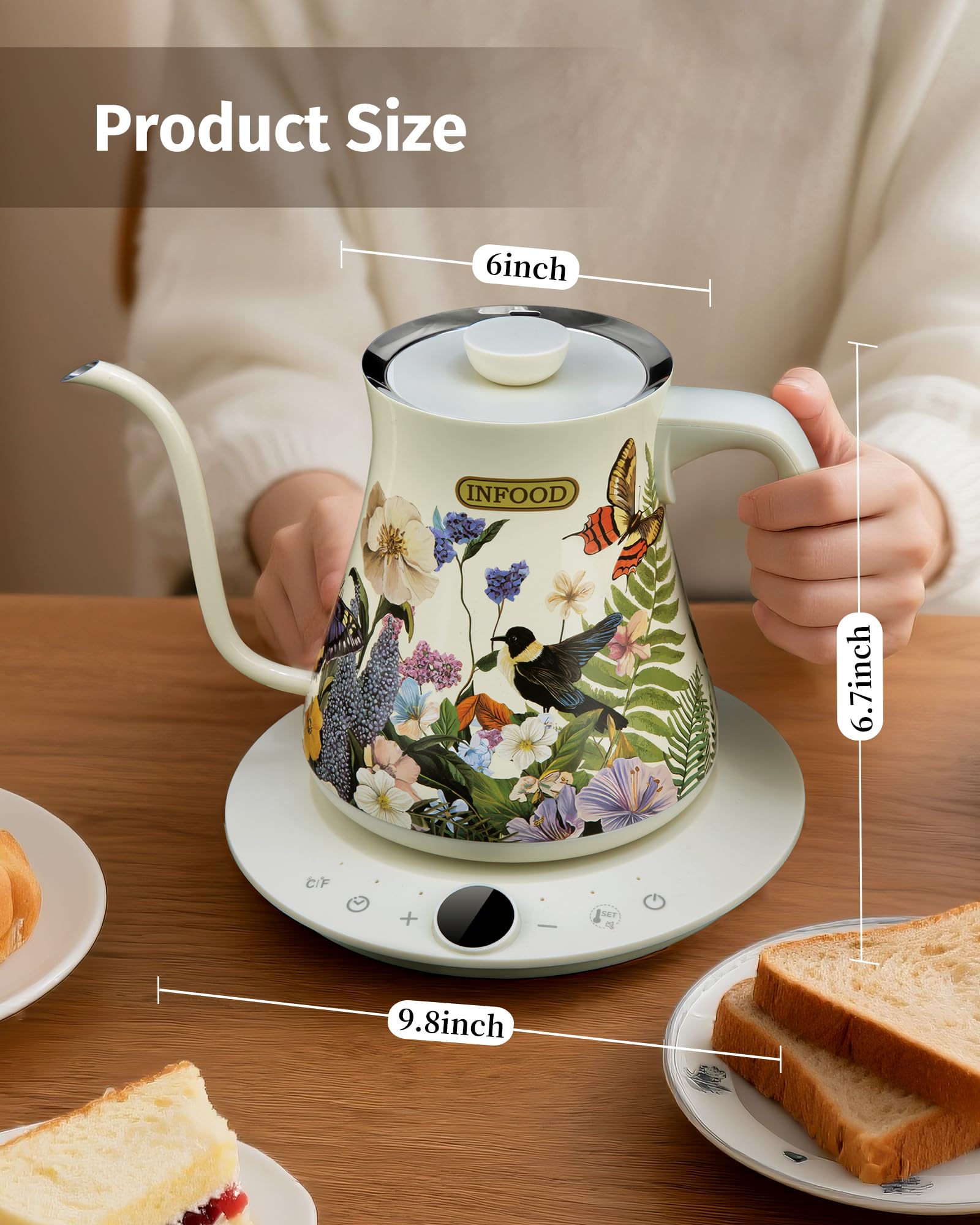 INFOOD Hervidor eléctrico de cuello de cisne de 0,8 L, control preciso de temperatura para verter café y té, agua de ebullición rápida de 1200 W, apagado automático, programación, acero inoxidable, diseño pintado floral