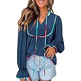 LOOKBOHO Women's Babydoll Tops Puff Long Sleeve V Neck Cute Peplum Flowy Blouses Fall Casual Loose Tie Front Shirts