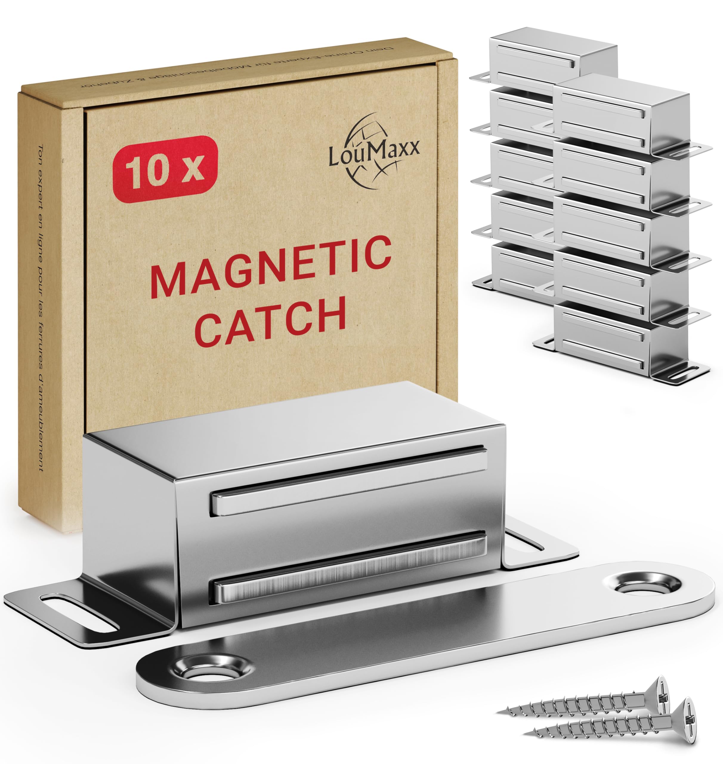 LouMaxx Magnetic Door Catch Strong - 4kg Holding Force - Set of 10 in Stainless Steel - Cabinet & Door Magnets