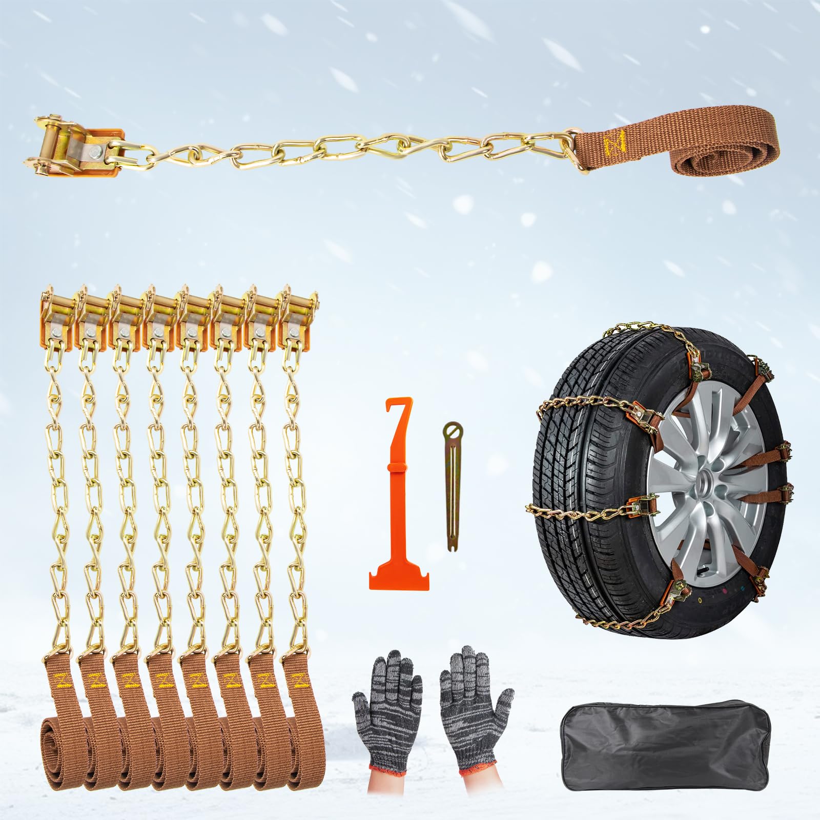 Photo 1 of Snow Chains, 8 Packs Anti Slip Tire Chains, Pickup, Truck & SUV, Adjustable Thickening Reusable Anti-Slip Traction Tire Chains - Emergency Use in Snow, Ice, Sand and Mud (Fits 165-285mm Tires)