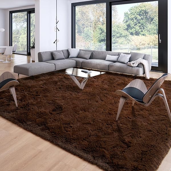 MERELAX SOFT MODERN INDOOR LARGE SHAGGY RUG FOR LIVINGROOM BEDROOM DORM KIDS ROOM HOME DECOR, NON-SLIP PLUSH FLUFFY FURRY FUR AREA RUGS COMFY NURSERY ACCENT FLOOR CARPET 9X12 FEET, BROWN